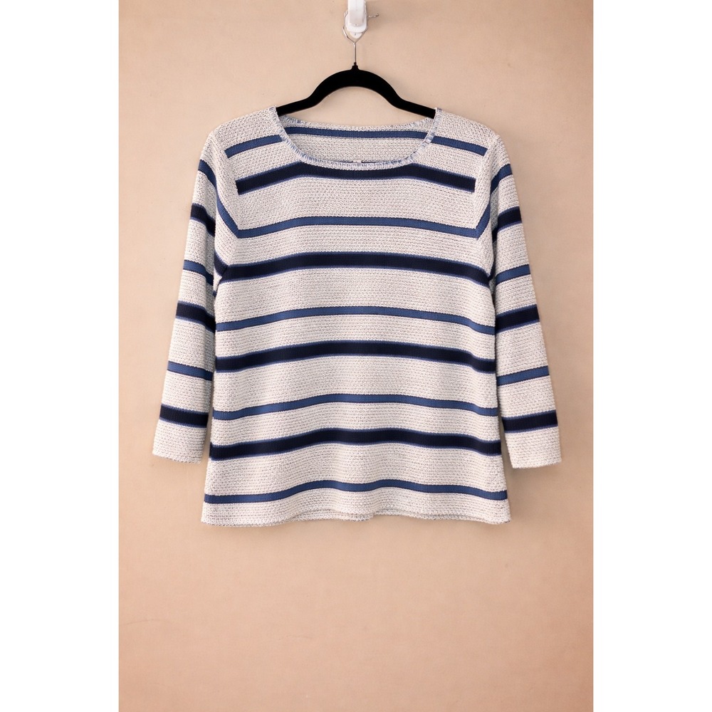 Womens Blue White Striped Knit Sweater Lightweight‎ 3/4 Sleeve Boat Neck Top